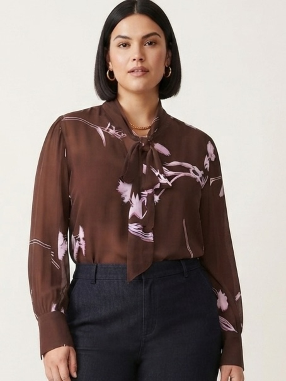 Worthington Brown Blouse with Light Floral Print and Tie Neck
